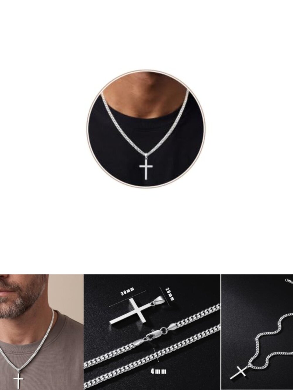 925 Sterling Silver Cross Necklace Men Cuban Link Chain